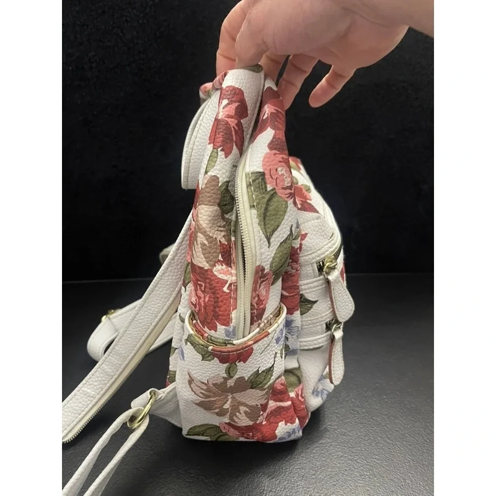 Stone & Co Floral Mini Backpack White Red Rose Pebbled Faux Leather Organizer